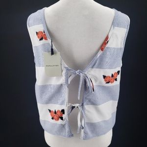 PEPALOVES Tie Back Floral Blouse Striped Summer Lightweight CUTE!!!